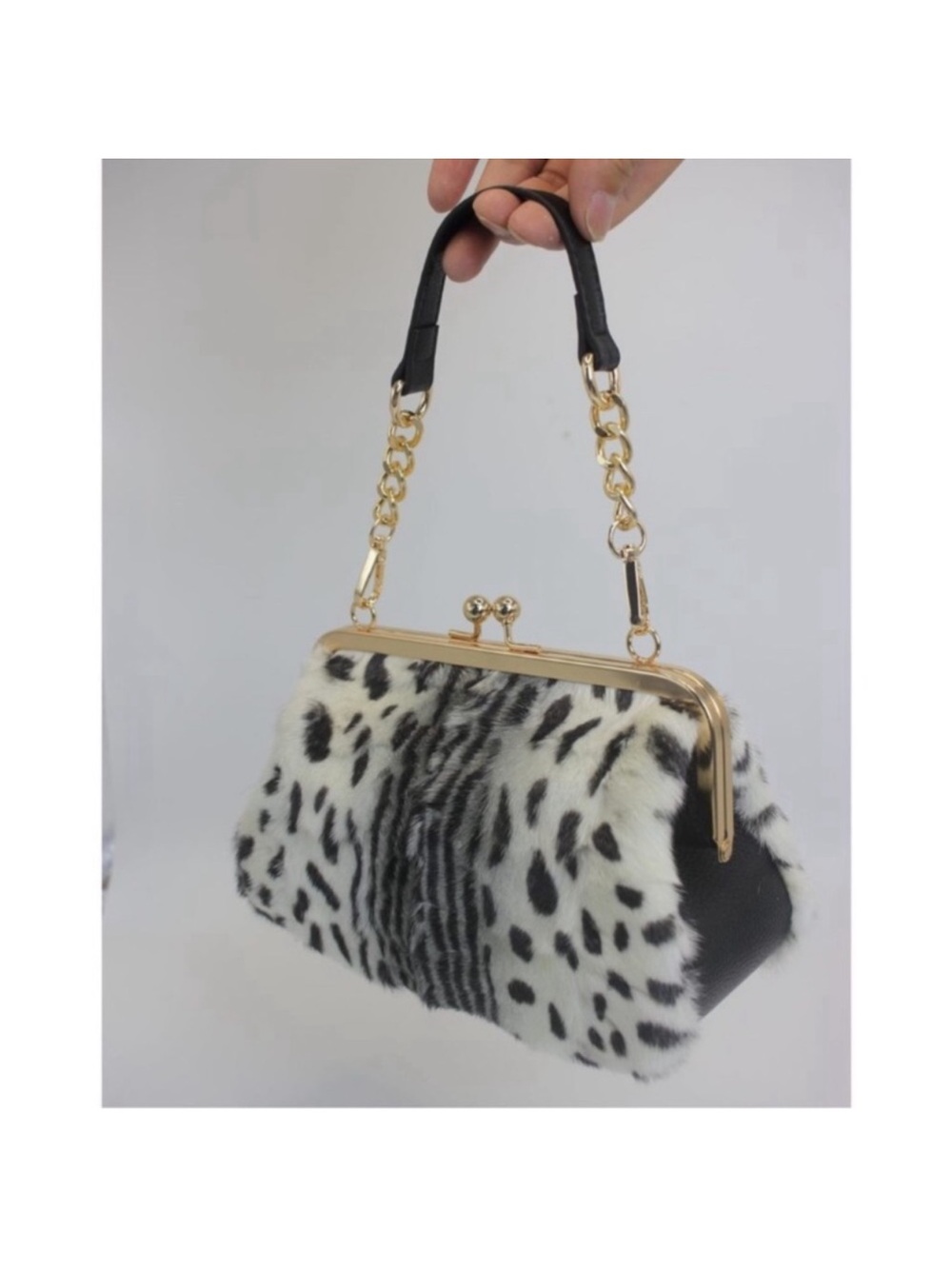 Luxury Mink Fur Leopard Print Handbag Small Kiss Lock Purse With Gold new - Picture 7 of 9